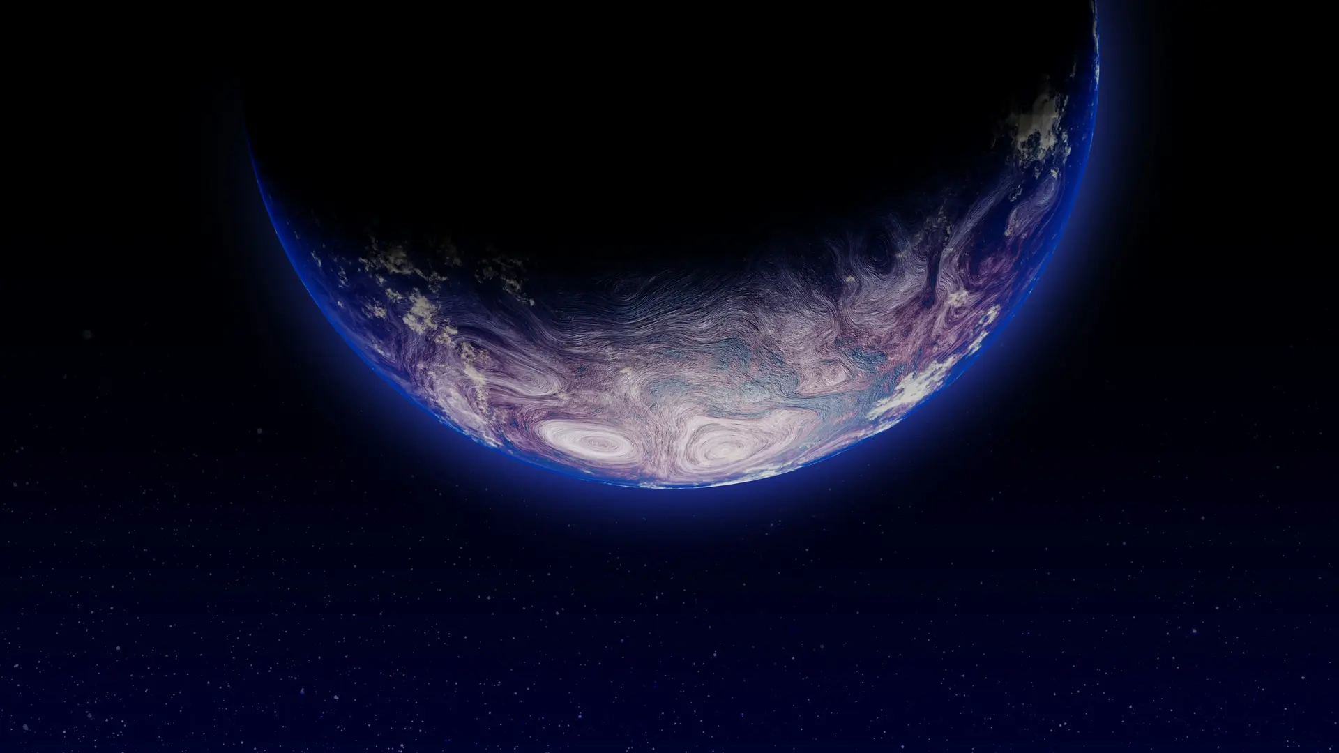 Vue d'une planète éclairée en croissant sur fond de ciel étoilé profond, dans des nuances de bleu nuit et de violet